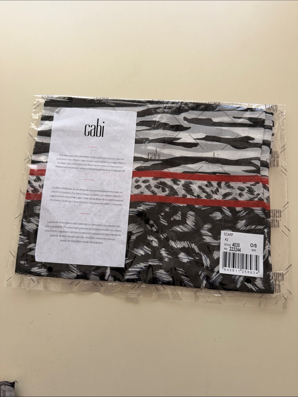 CAbi Black and White Animal Print Scarf with Red Trim